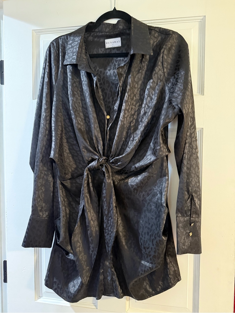 Runaway Satin Leopard Tie-Front Shirt Dress - Black